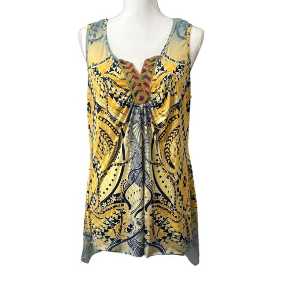 Energe Tops - Energe Yellow Sleeveless Bohemian Tunic Top W/ Geometric Print Womens Size XL